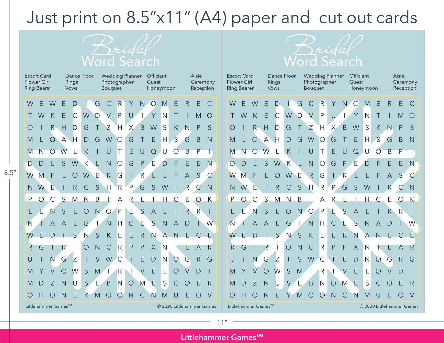 Bridal Word Search snowflake game cards with printing instructions