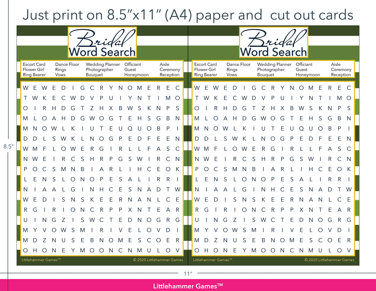 Bridal Word Search green-striped game cards with printing instructions