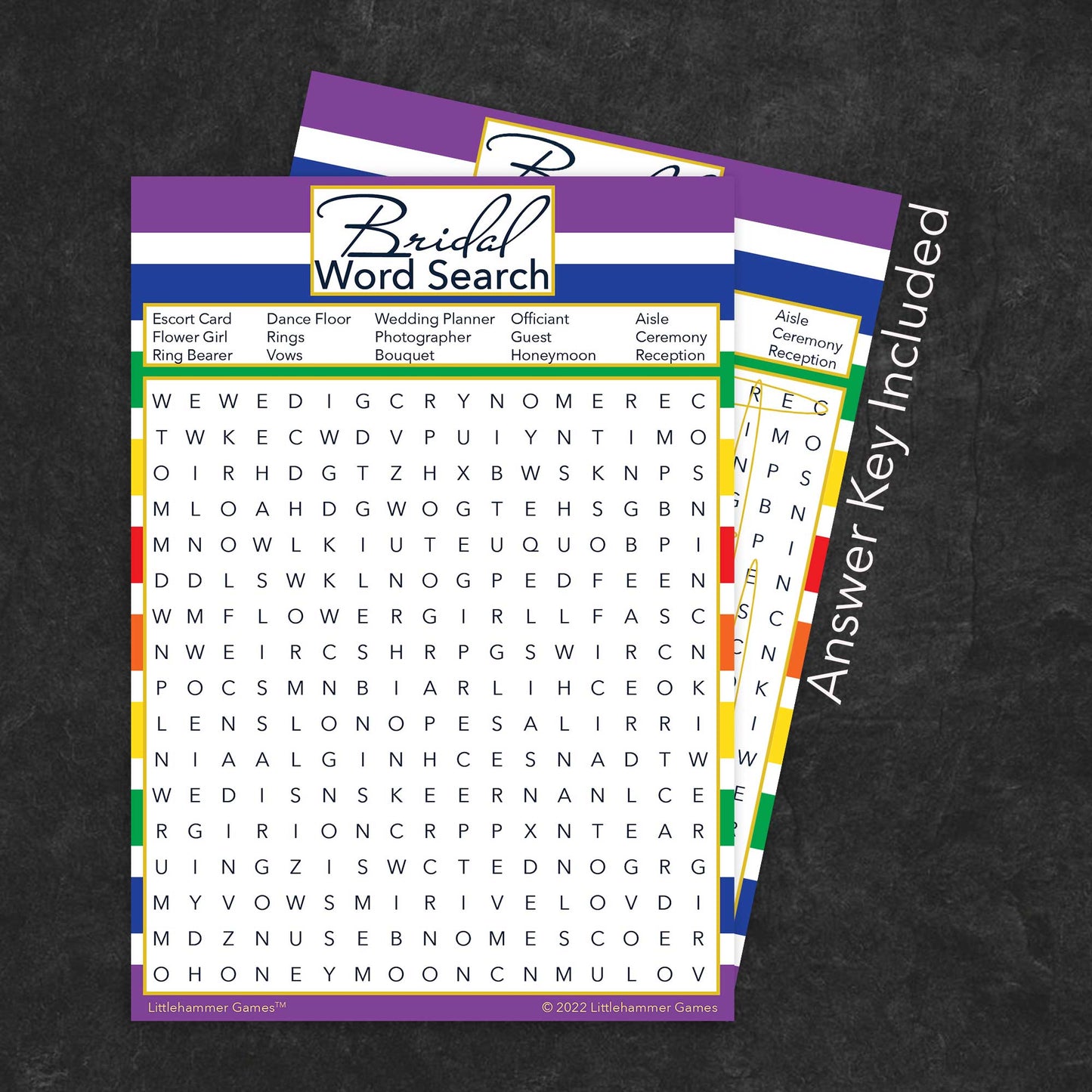 Bridal Word Search game card with a rainbow-striped background with answer card tucked behind it on a slate background with white text that says "Answer Key Included"