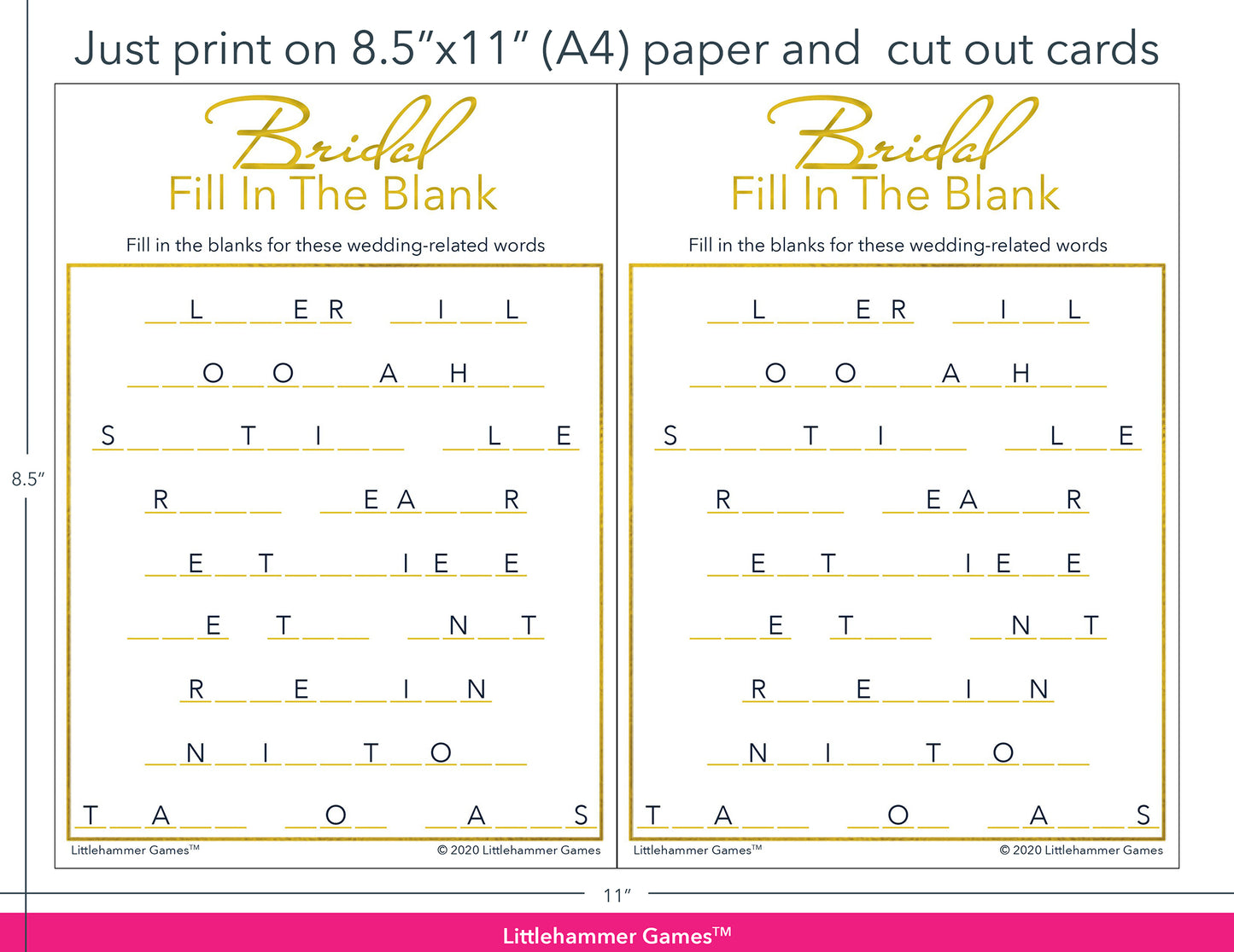 Bridal Fill in the Blank gold and white game cards with printing instructions