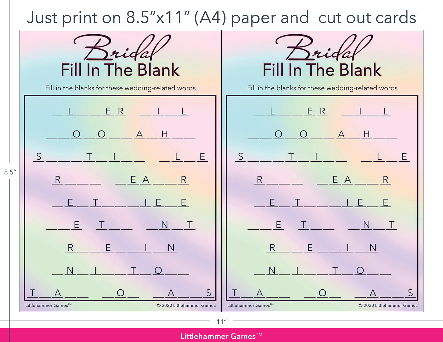 Bridal Fill in the Blank hologram-themed game cards with printing instructions