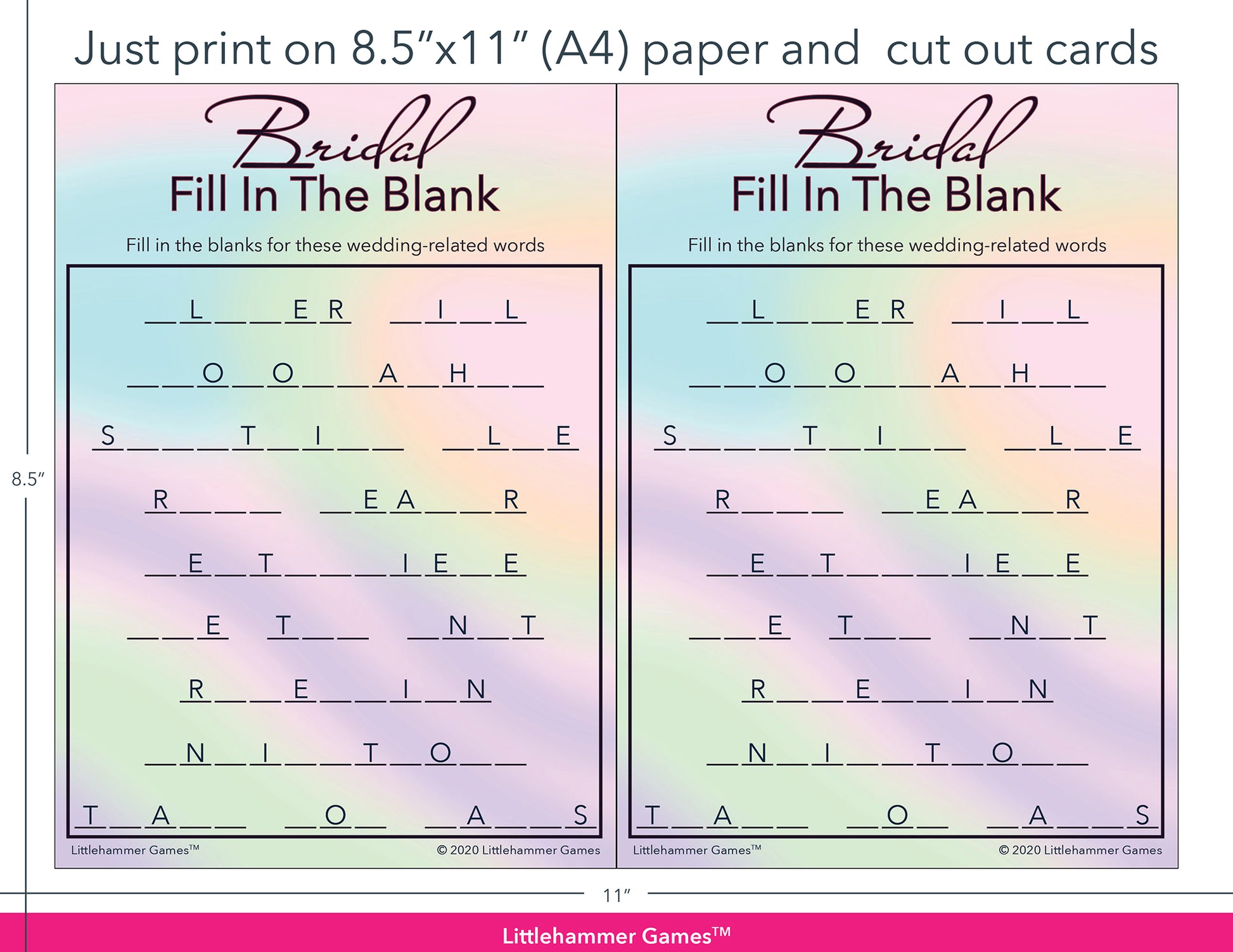 Bridal Fill in the Blank hologram-themed game cards with printing instructions