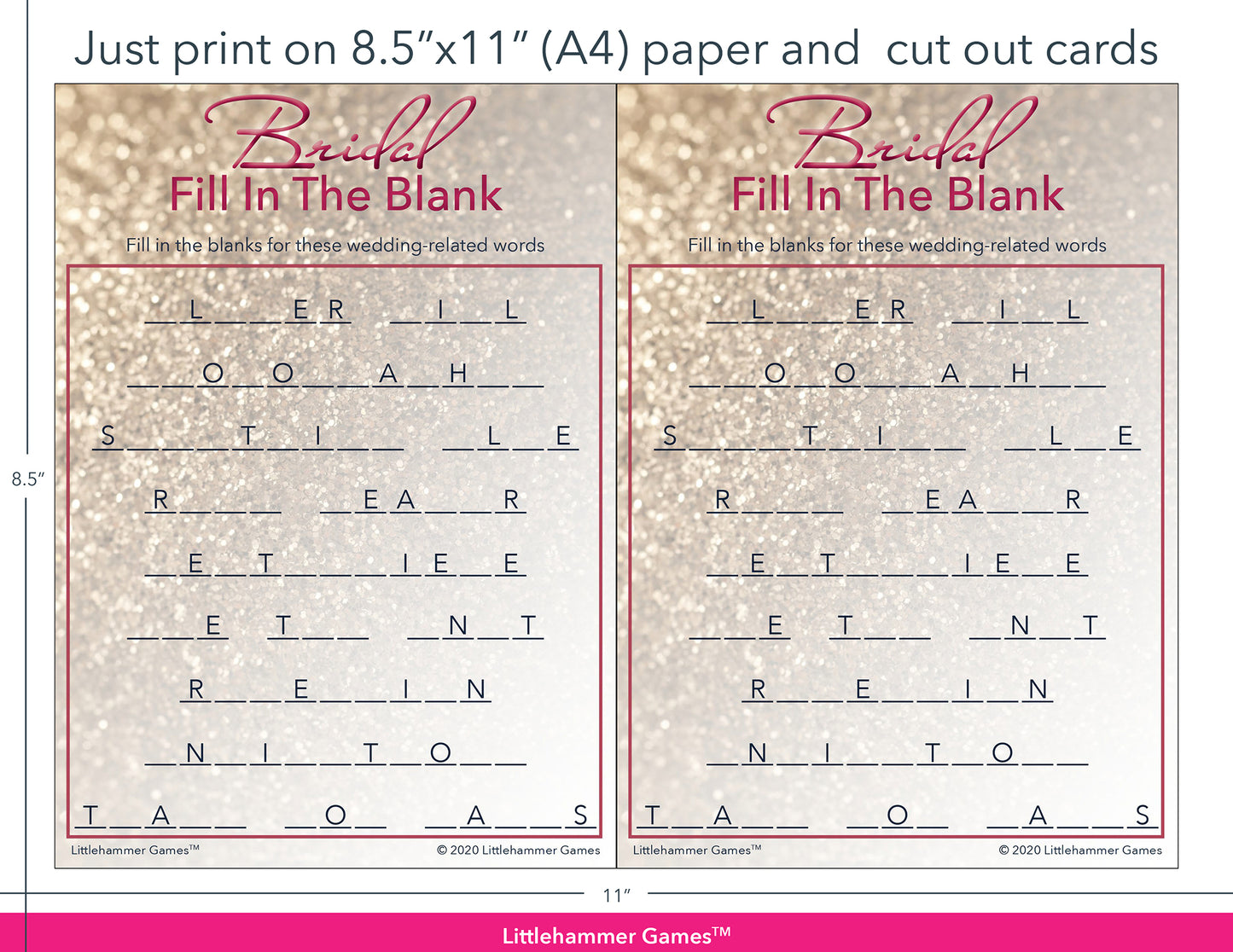 Bridal Fill in the Blank glittery rose gold game cards with printing instructions