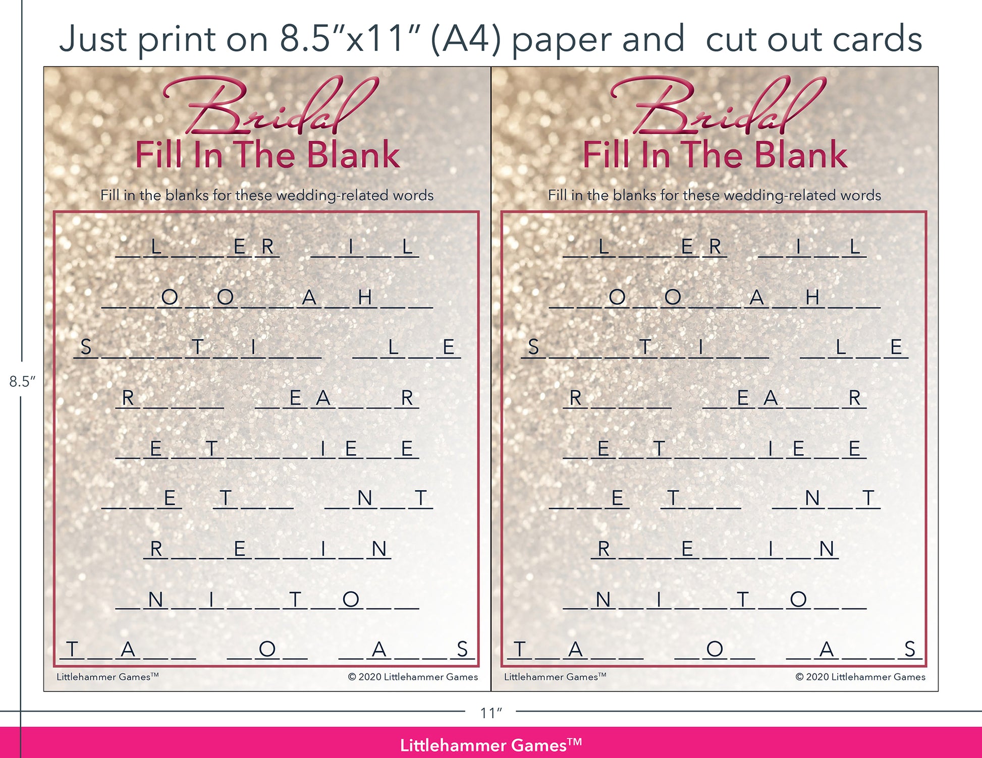 Bridal Fill in the Blank glittery rose gold game cards with printing instructions