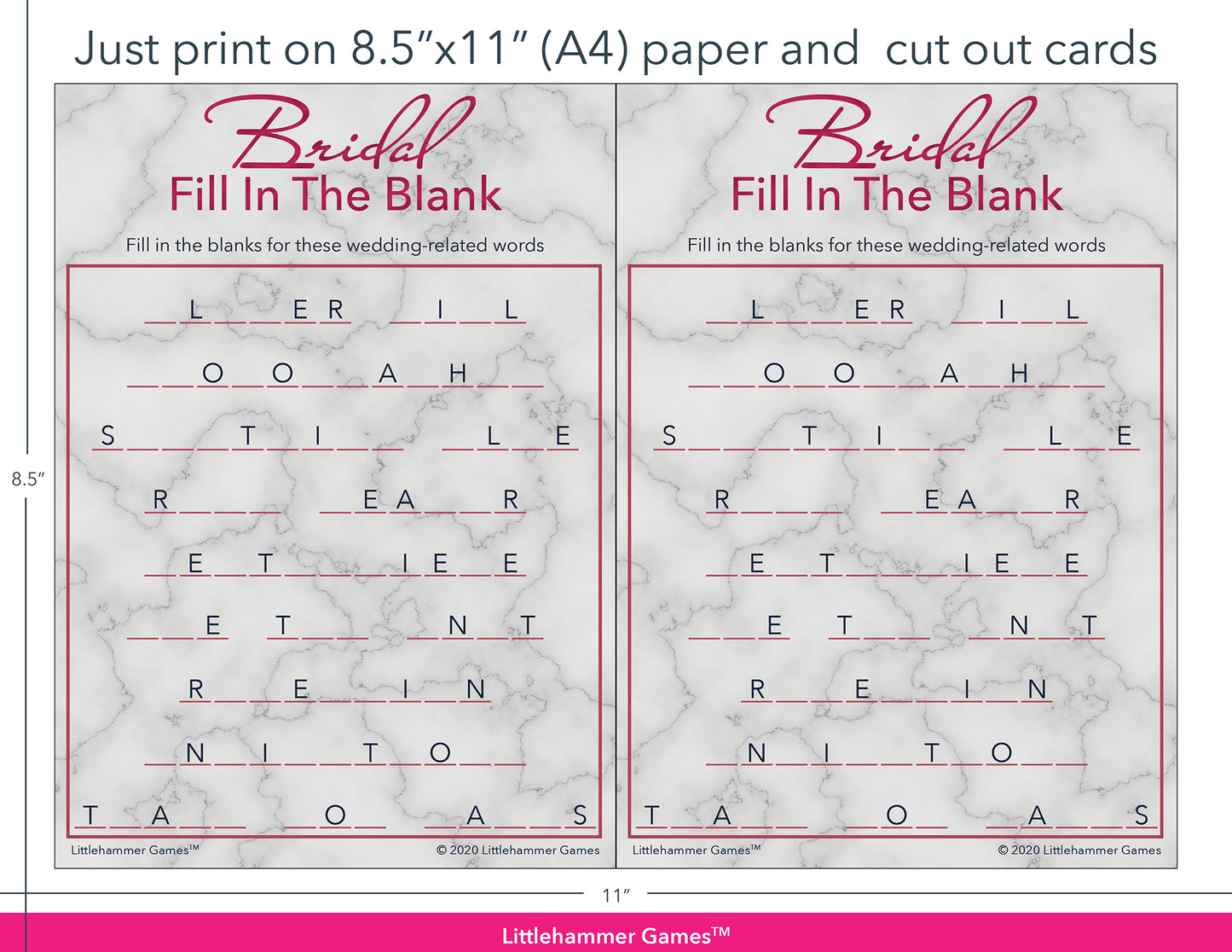 Bridal Fill in the Blank rose gold and marble game cards with printing instructions