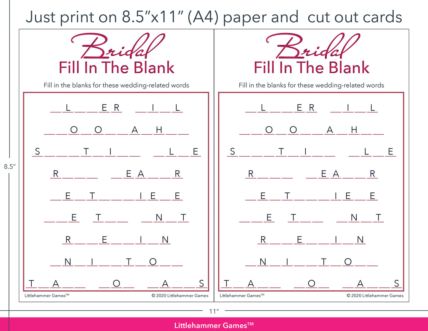 Bridal Fill in the Blank rose gold and white game cards with printing instructions