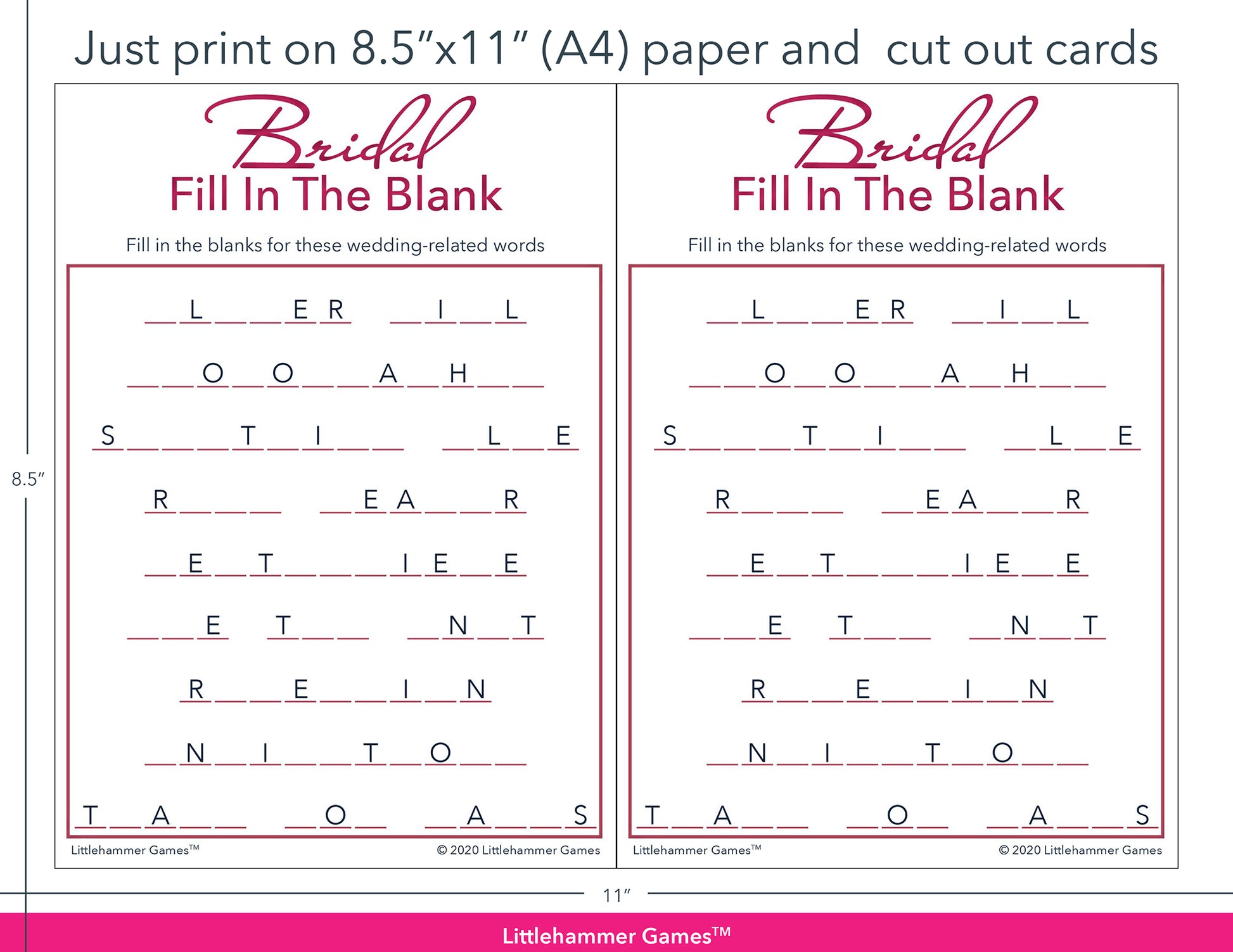 Bridal Fill in the Blank rose gold and white game cards with printing instructions