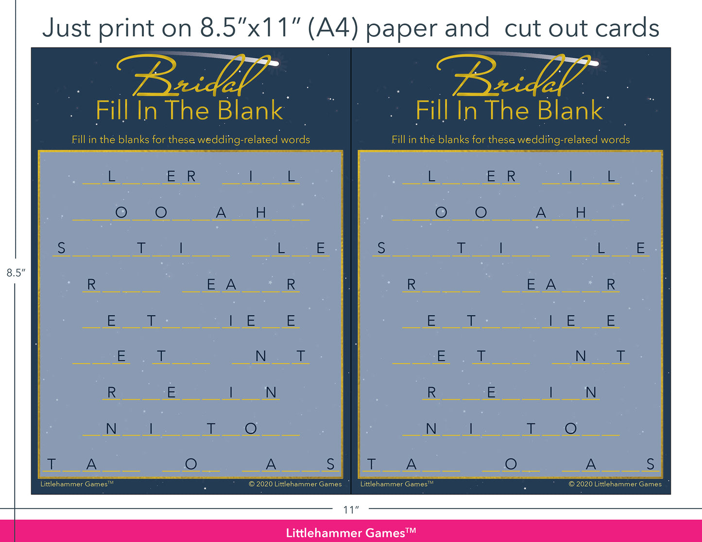 Bridal Fill in the Blank celestial game cards with printing instructions
