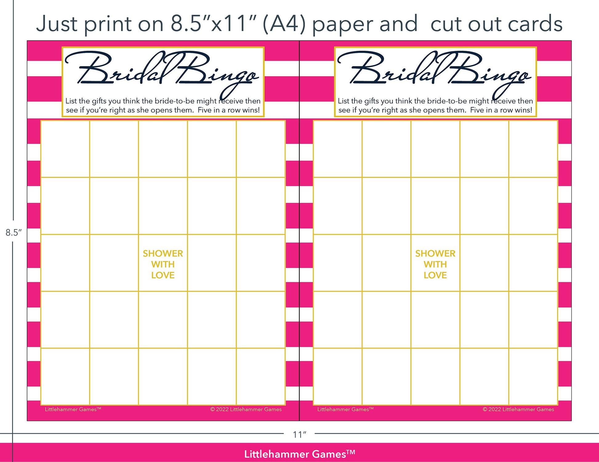 Pink-striped Bridal Gift Bingo game cards with printing instructions