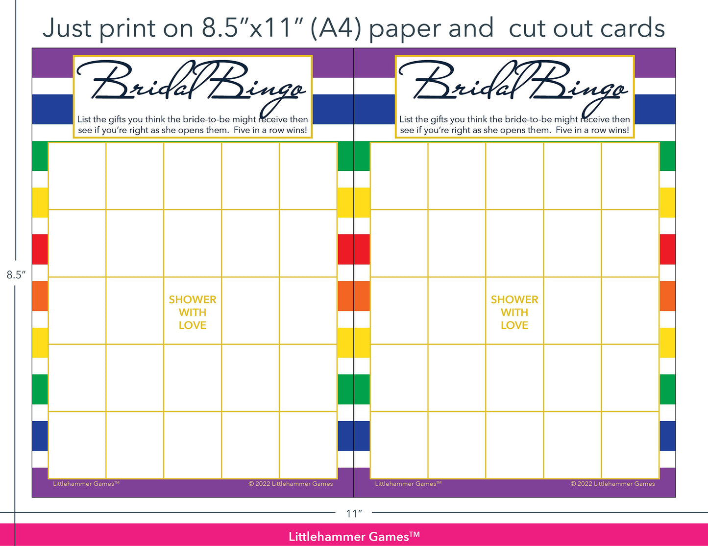Rainbow-striped Bridal Gift Bingo game cards with printing instructions