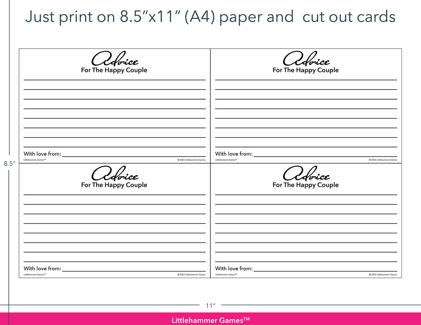 Black and white Advice for the Happy Couple game cards with printing instructions