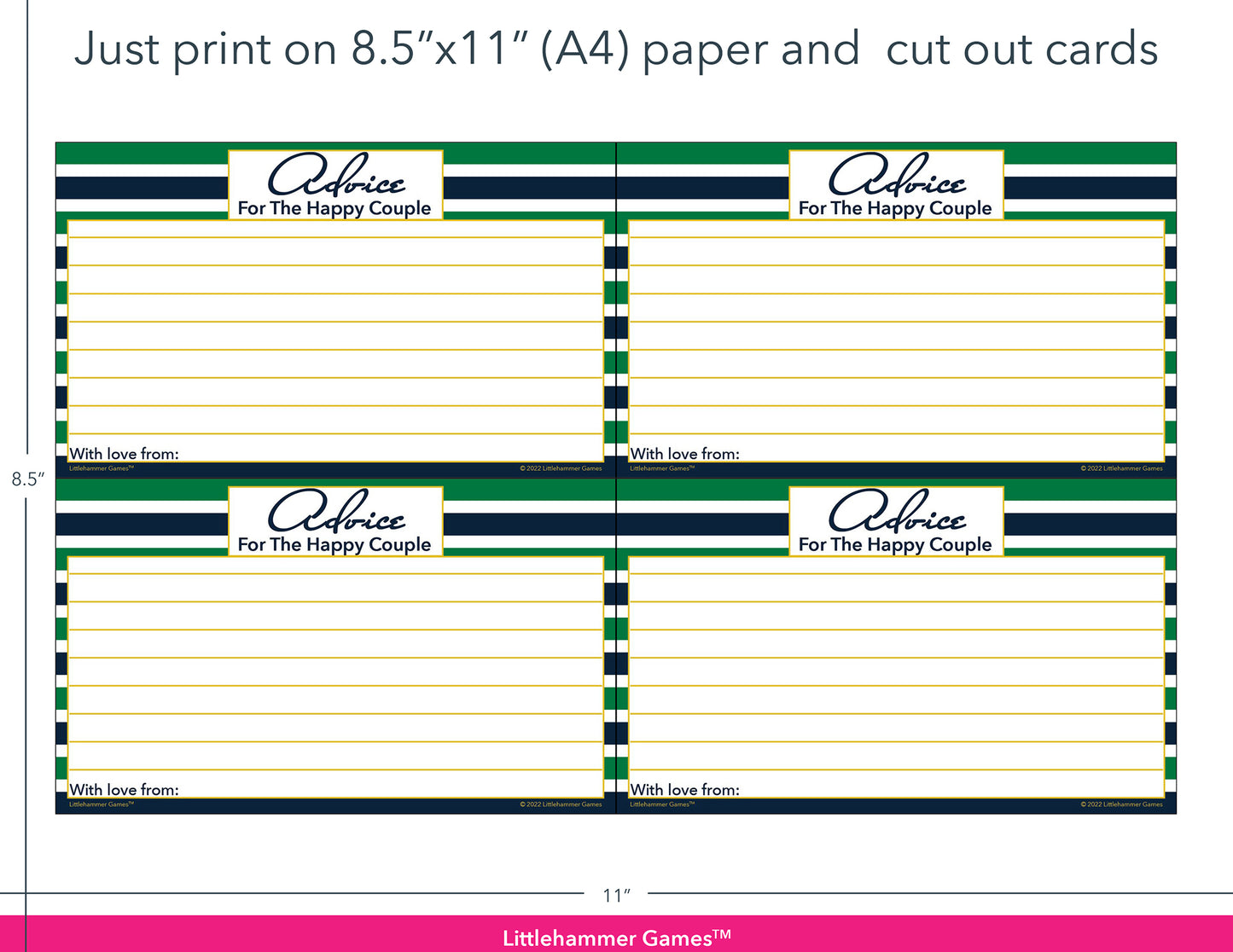 Green and navy-striped Advice for the Happy Couple game cards with printing instructions