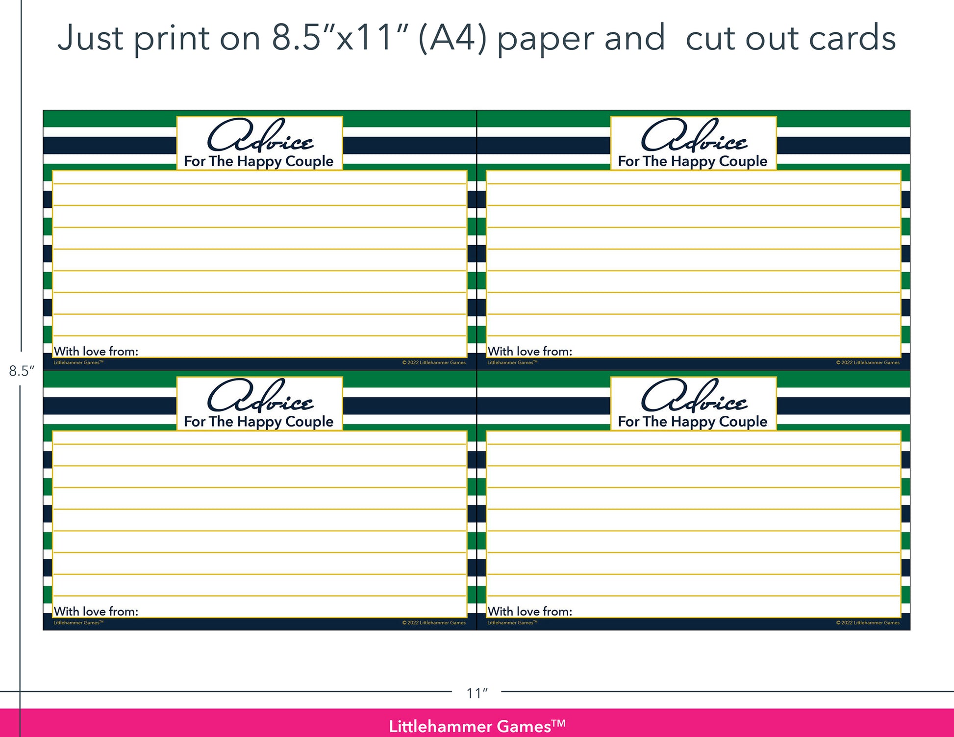 Green and navy-striped Advice for the Happy Couple game cards with printing instructions