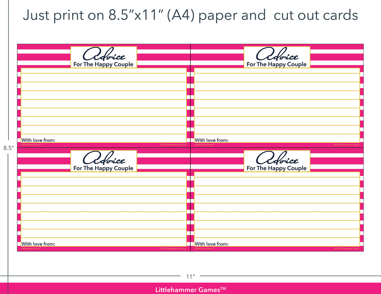 Pink-striped Advice for the Happy Couple game cards with printing instructions