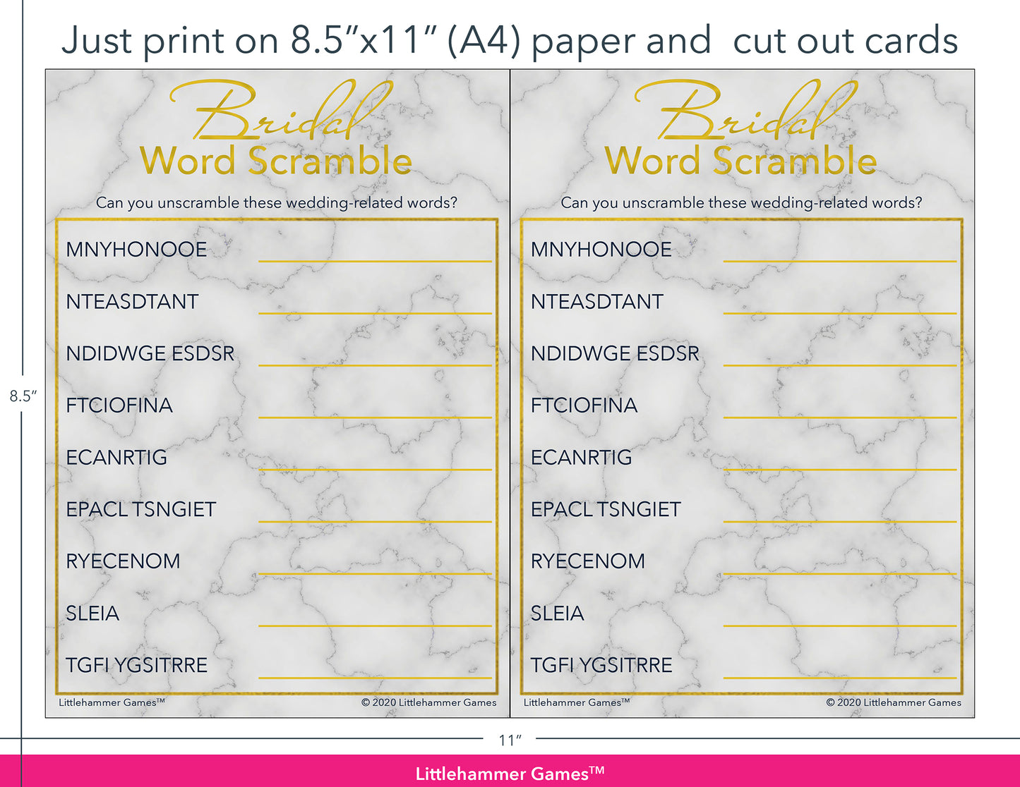 Bridal Word Scramble gold and marble game cards with printing instructions