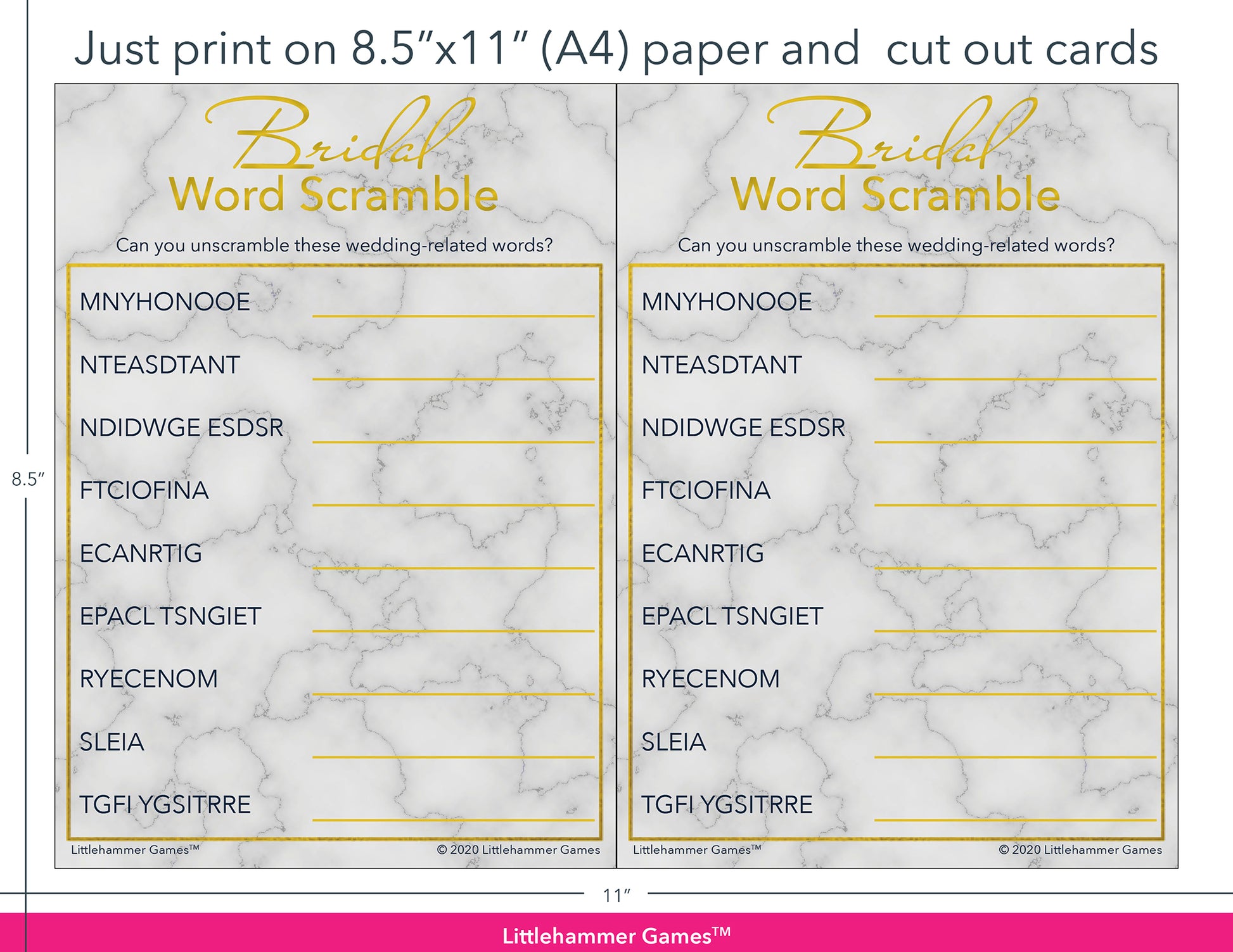Bridal Word Scramble gold and marble game cards with printing instructions