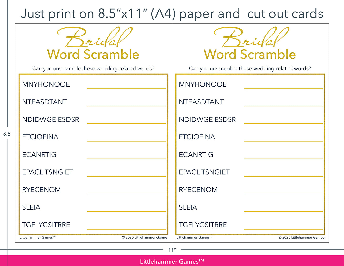 Bridal Word Scramble gold and white game cards with printing instructions
