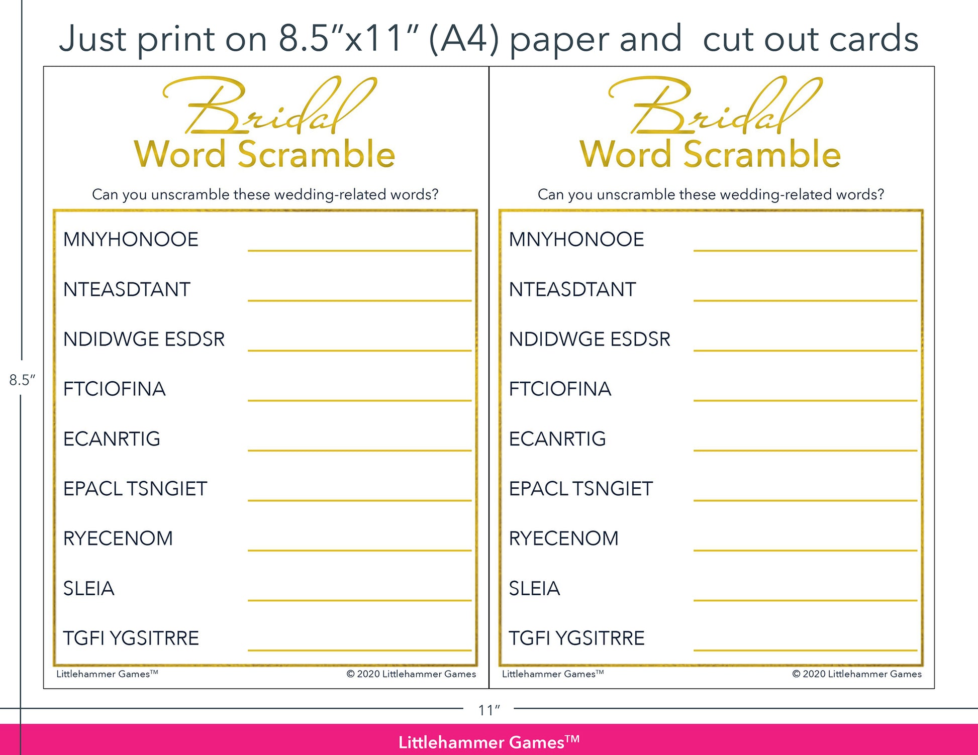 Bridal Word Scramble gold and white game cards with printing instructions