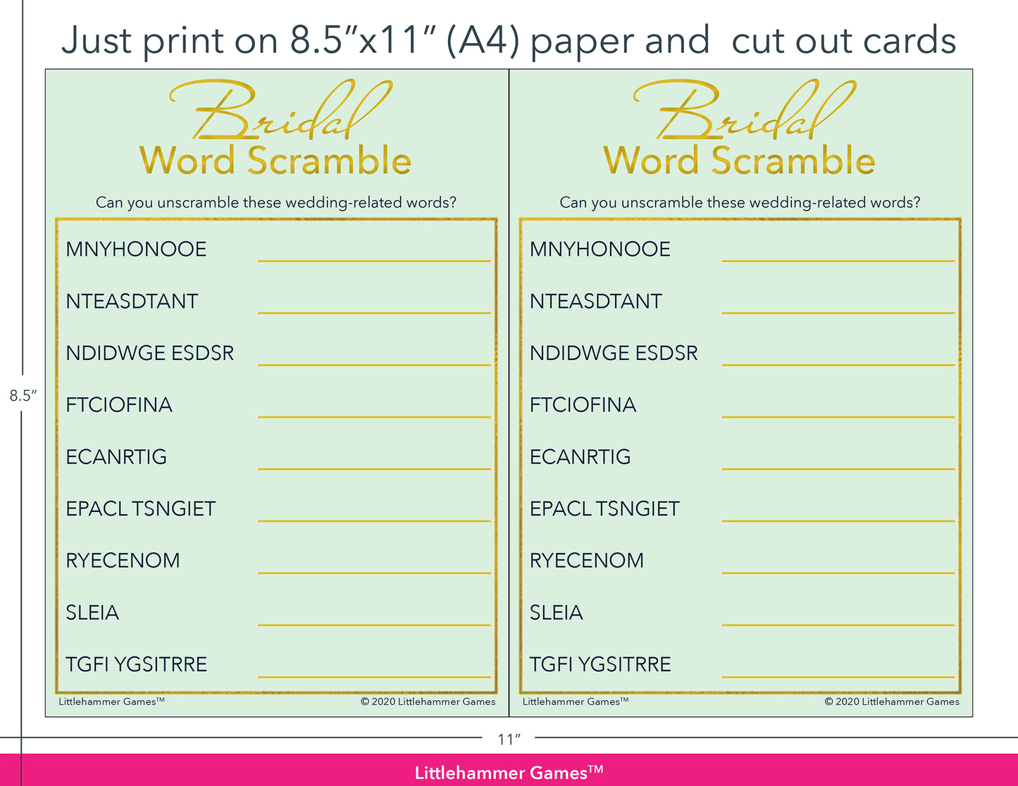 Bridal Word Scramble mint and gold game cards with printing instructions