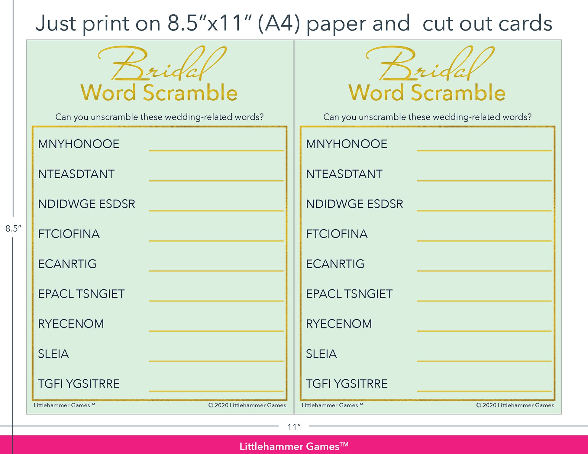 Bridal Word Scramble mint and gold game cards with printing instructions