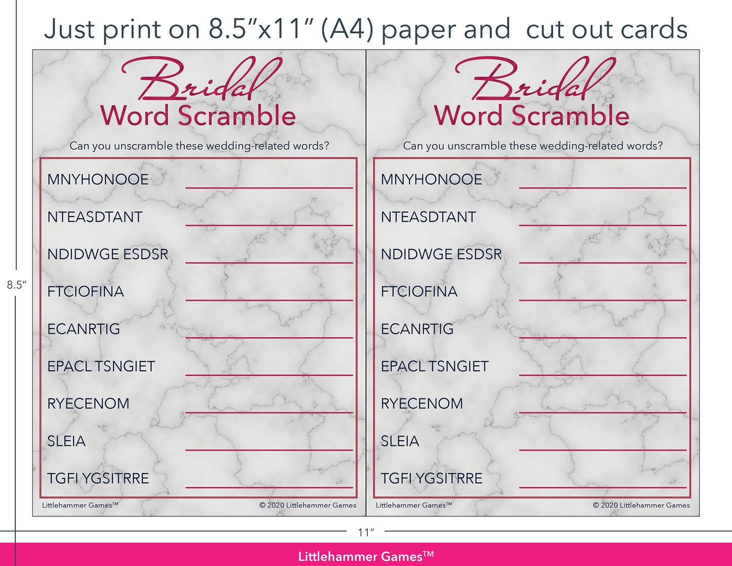 Bridal Word Scramble rose gold and marble game cards with printing instructions