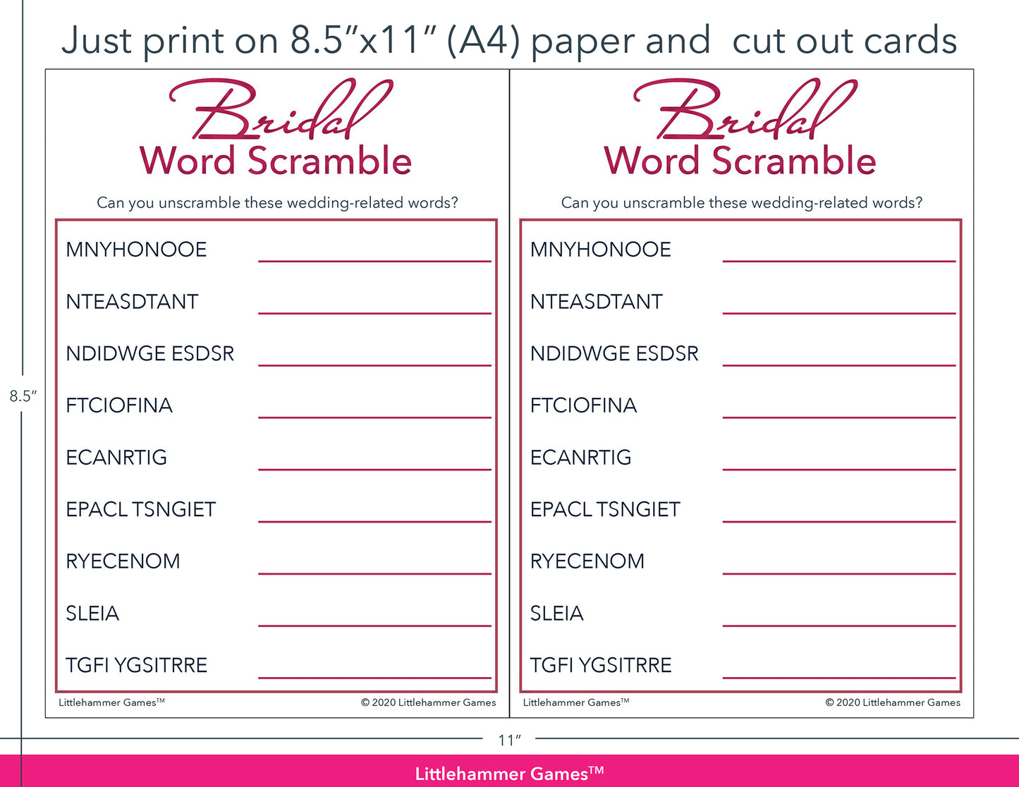 Bridal Word Scramble rose gold and white game cards with printing instructions