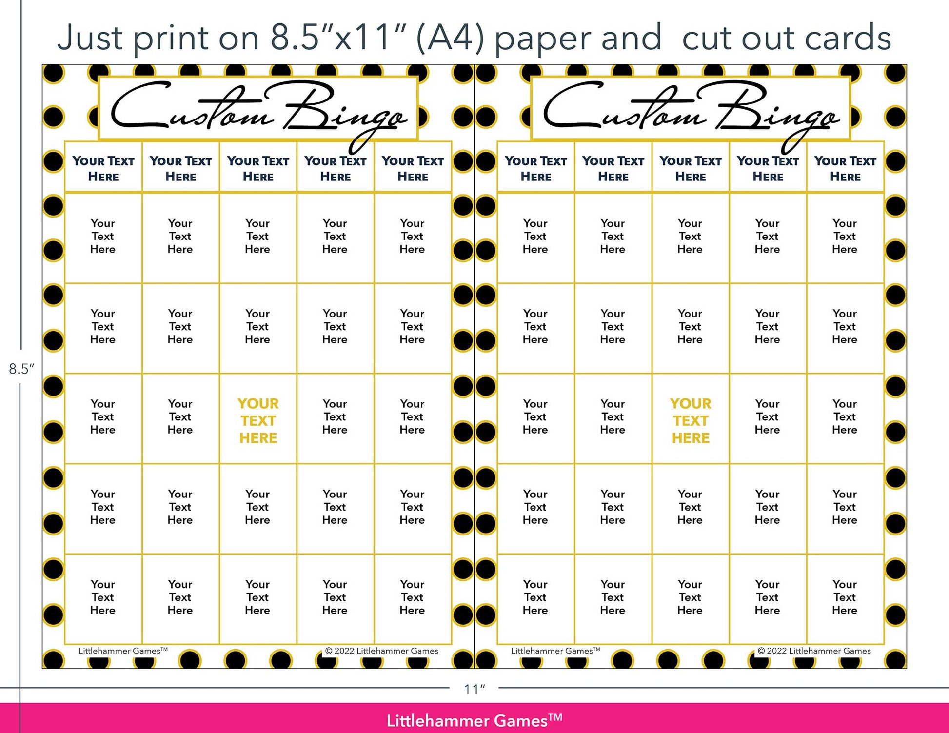 Black and gold polka dot Custom Bingo game cards with printing instructions