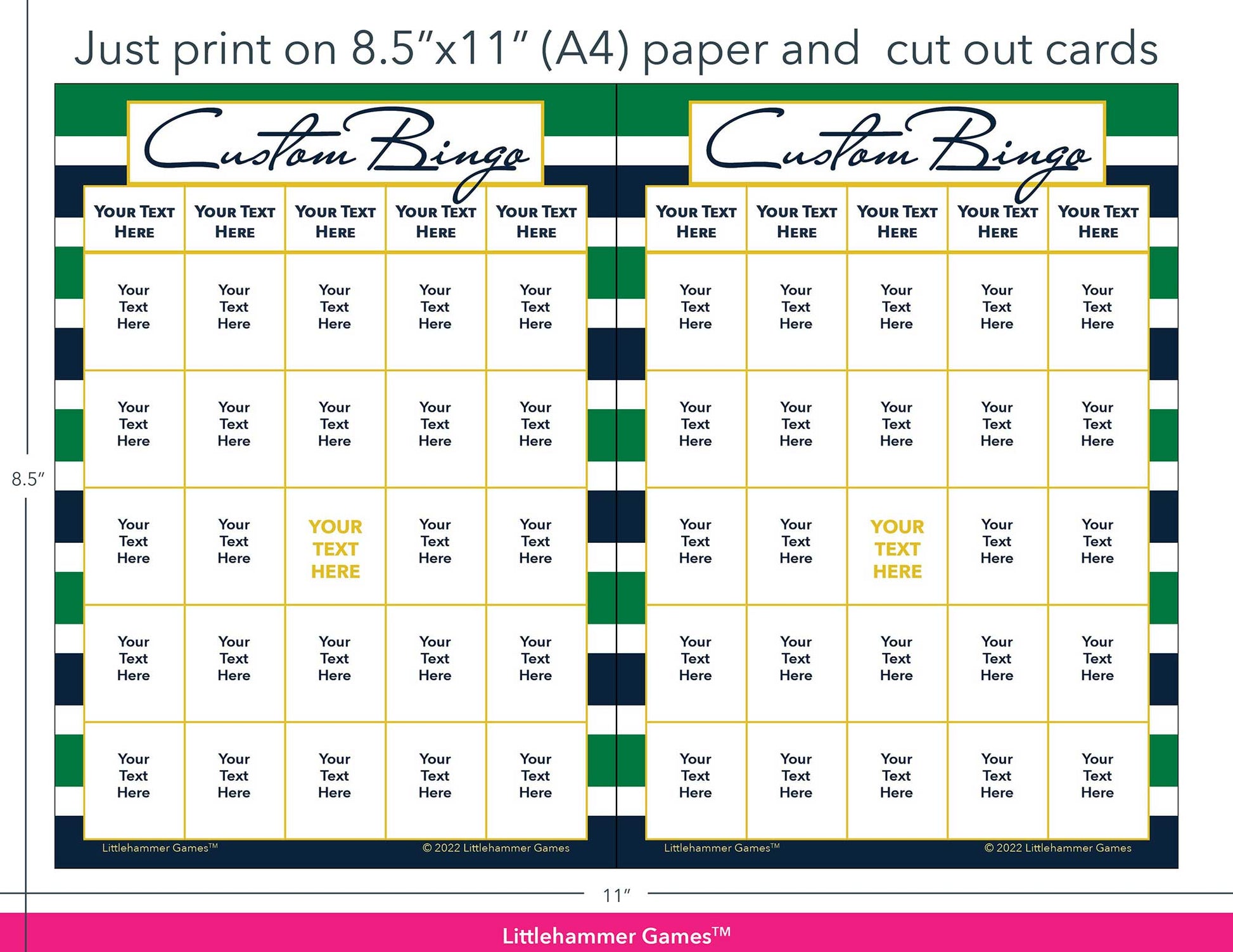Green and navy-striped Custom Bingo game cards with printing instructions