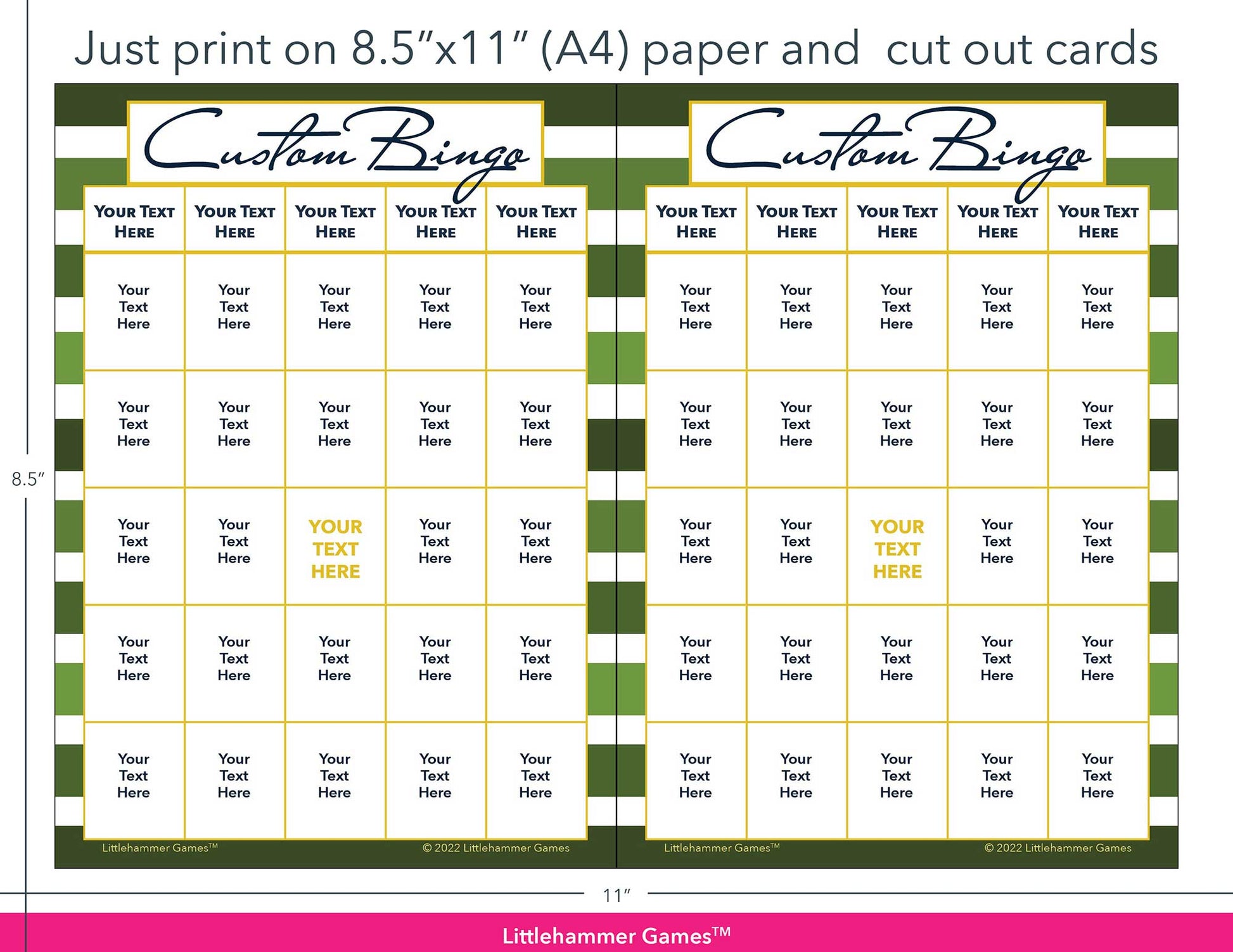 Green-striped Custom Bingo game cards with printing instructions