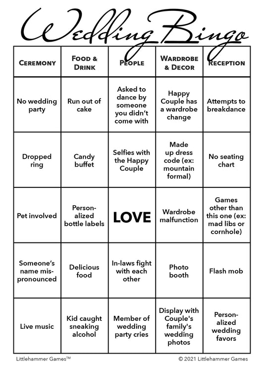 Wedding Bingo game card with an elegant black and white background