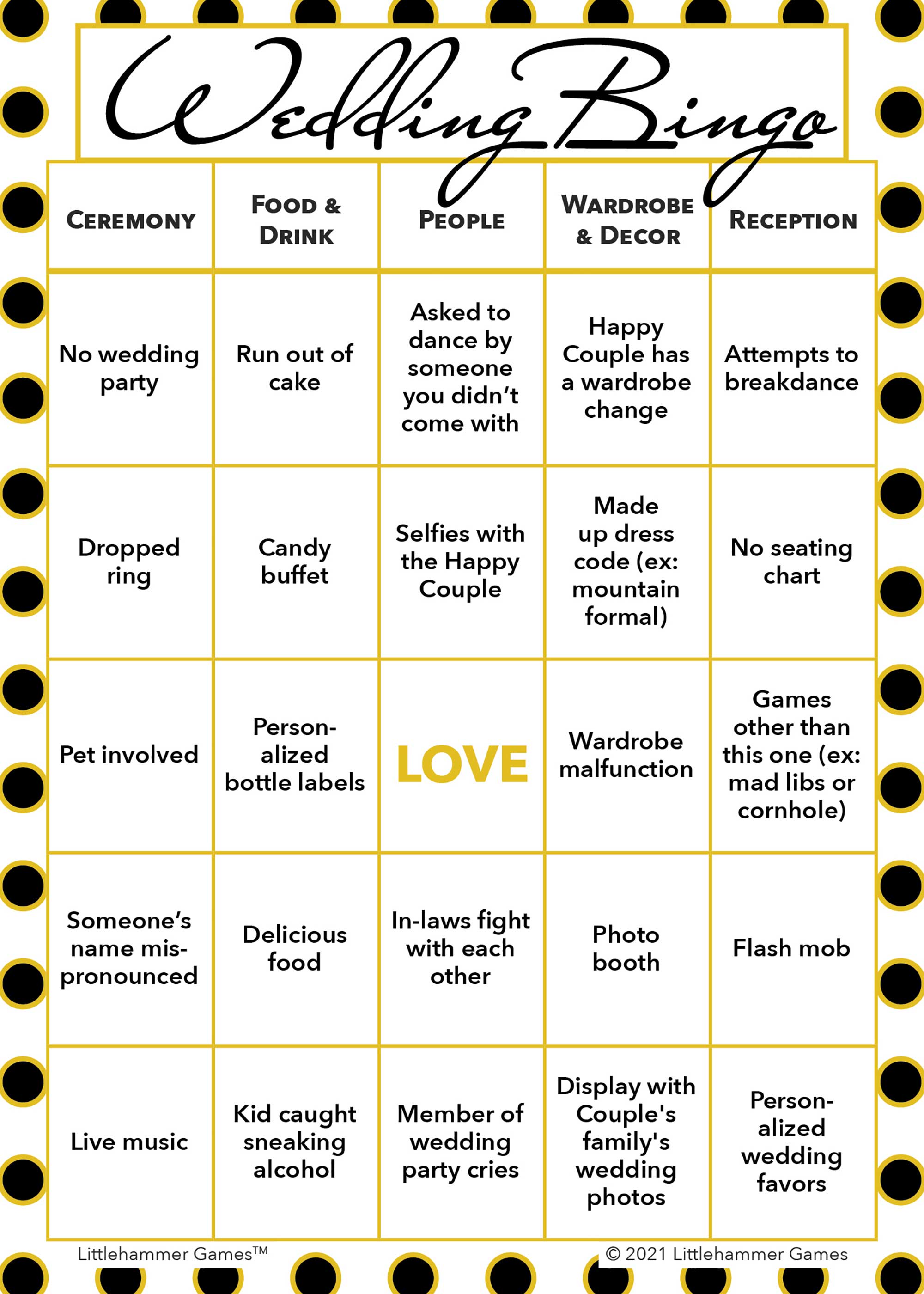 Bachelorette Bingo - Black and Gold Polka Dot Printable Game Cards –  Littlehammer Games