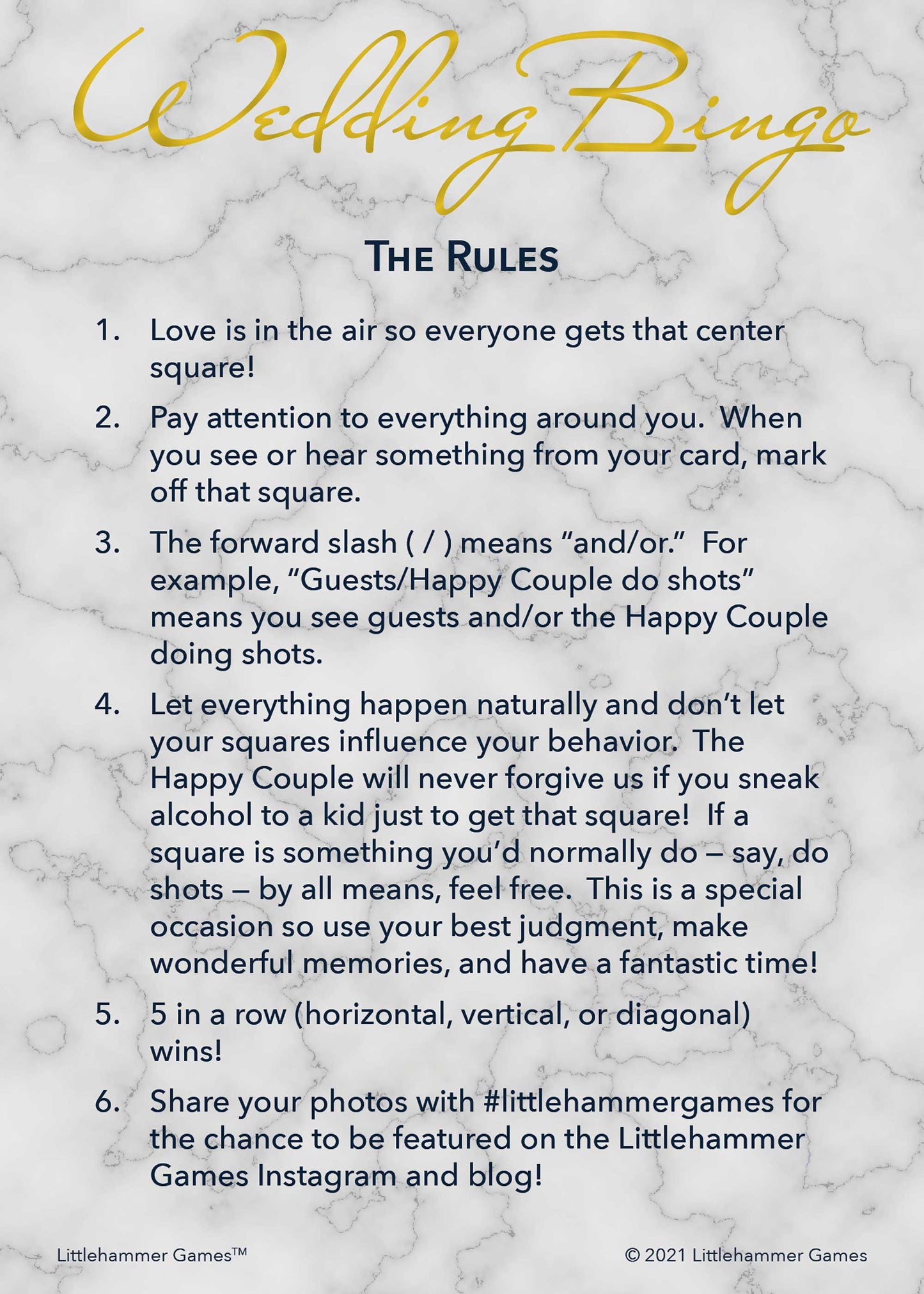 Wedding Bingo rules card on a gold and marble background