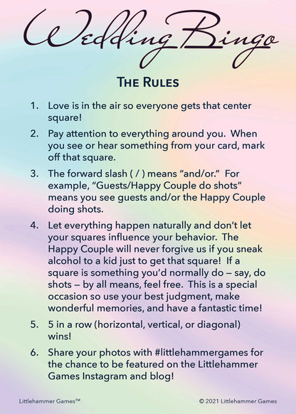 Wedding Bingo rules card on a holographic background