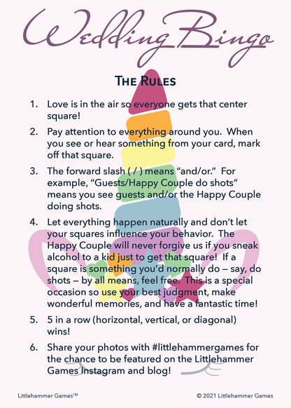 Wedding Bingo rules card on a unicorn background
