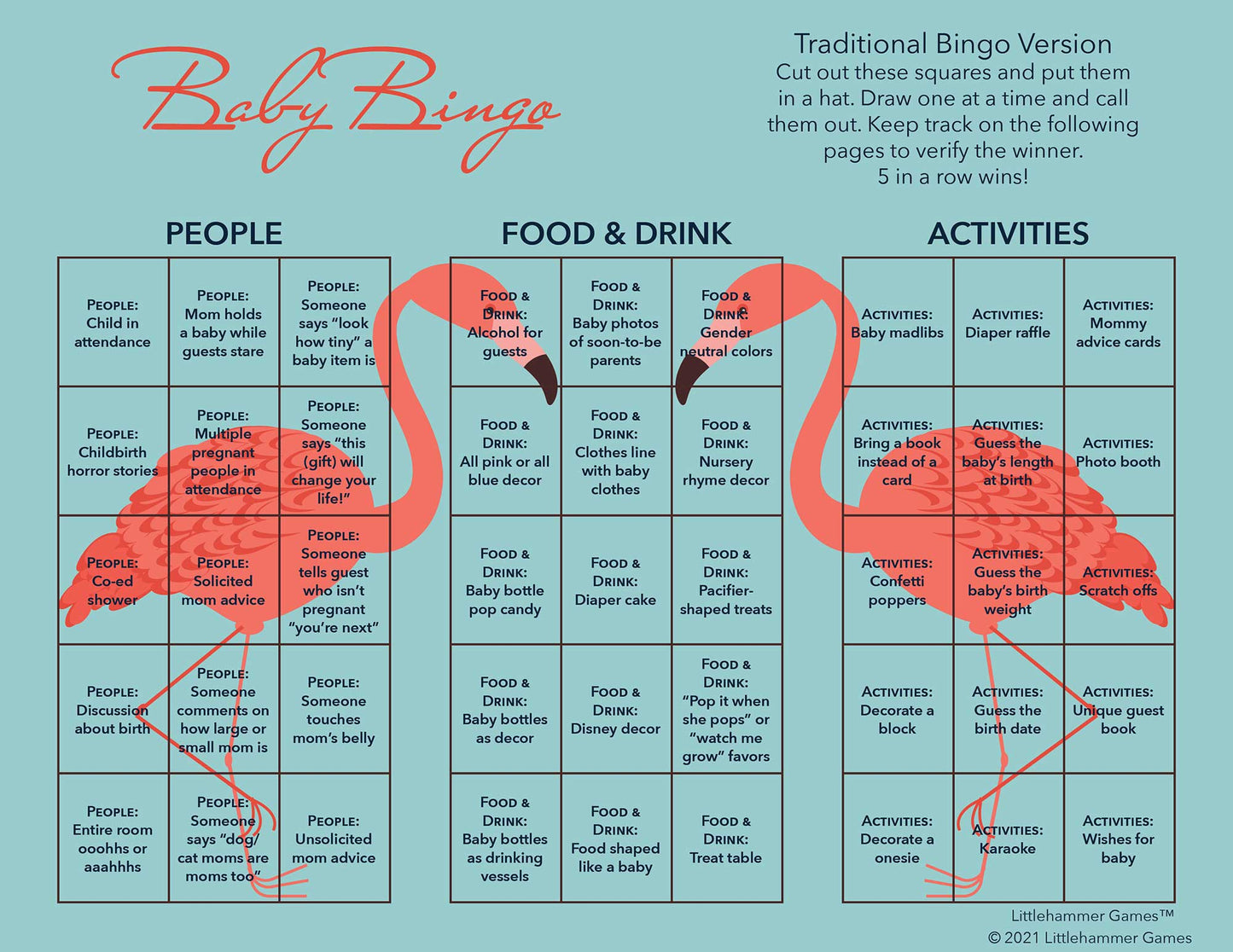 Baby Bingo calling card with a flamingo background