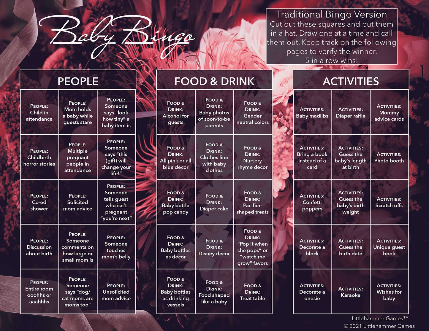 Baby Bingo calling card with a dark floral background
