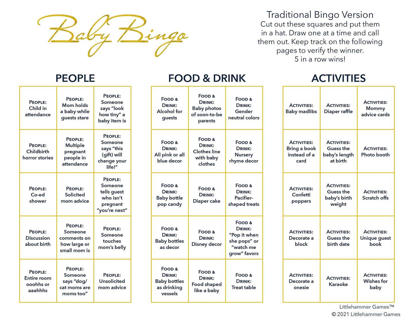 Baby Bingo calling card with gold text on a white background