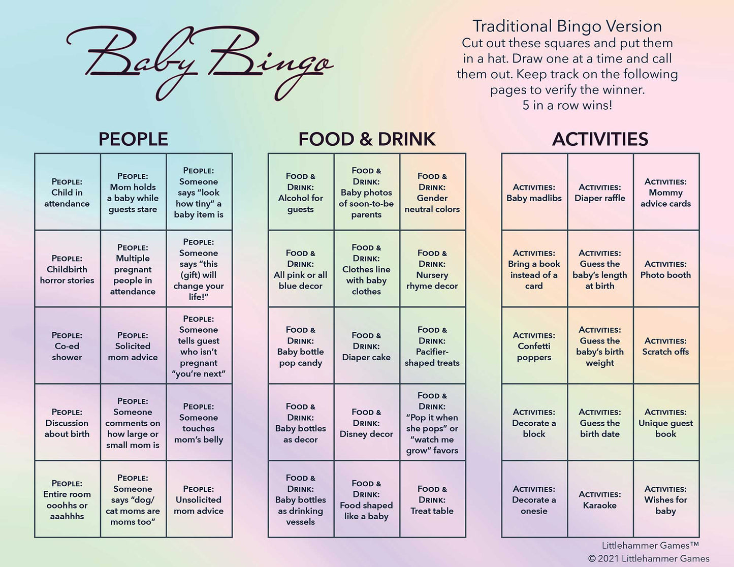 Baby Bingo calling card with a holographic background