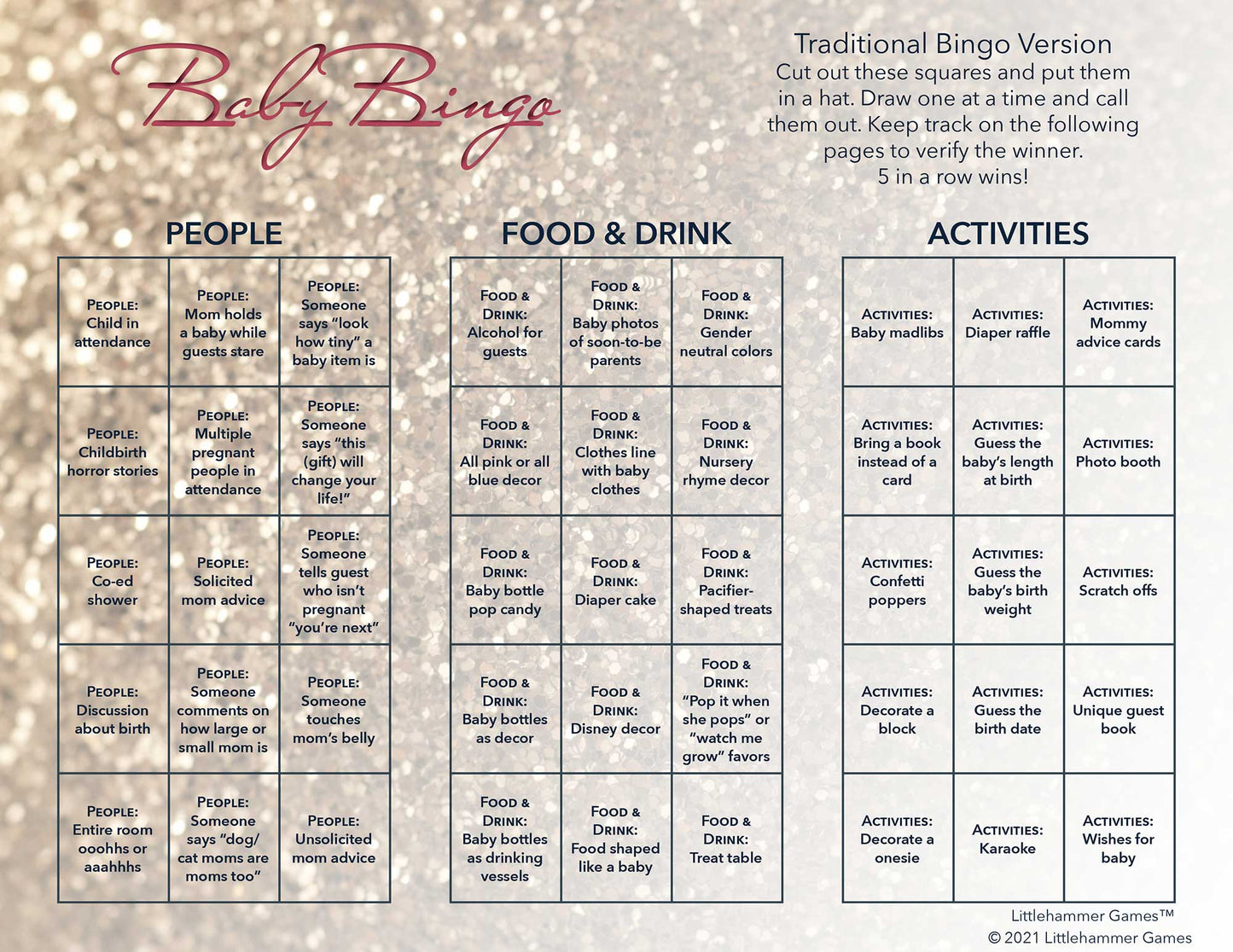 Baby Bingo calling card with a glittery rose gold background