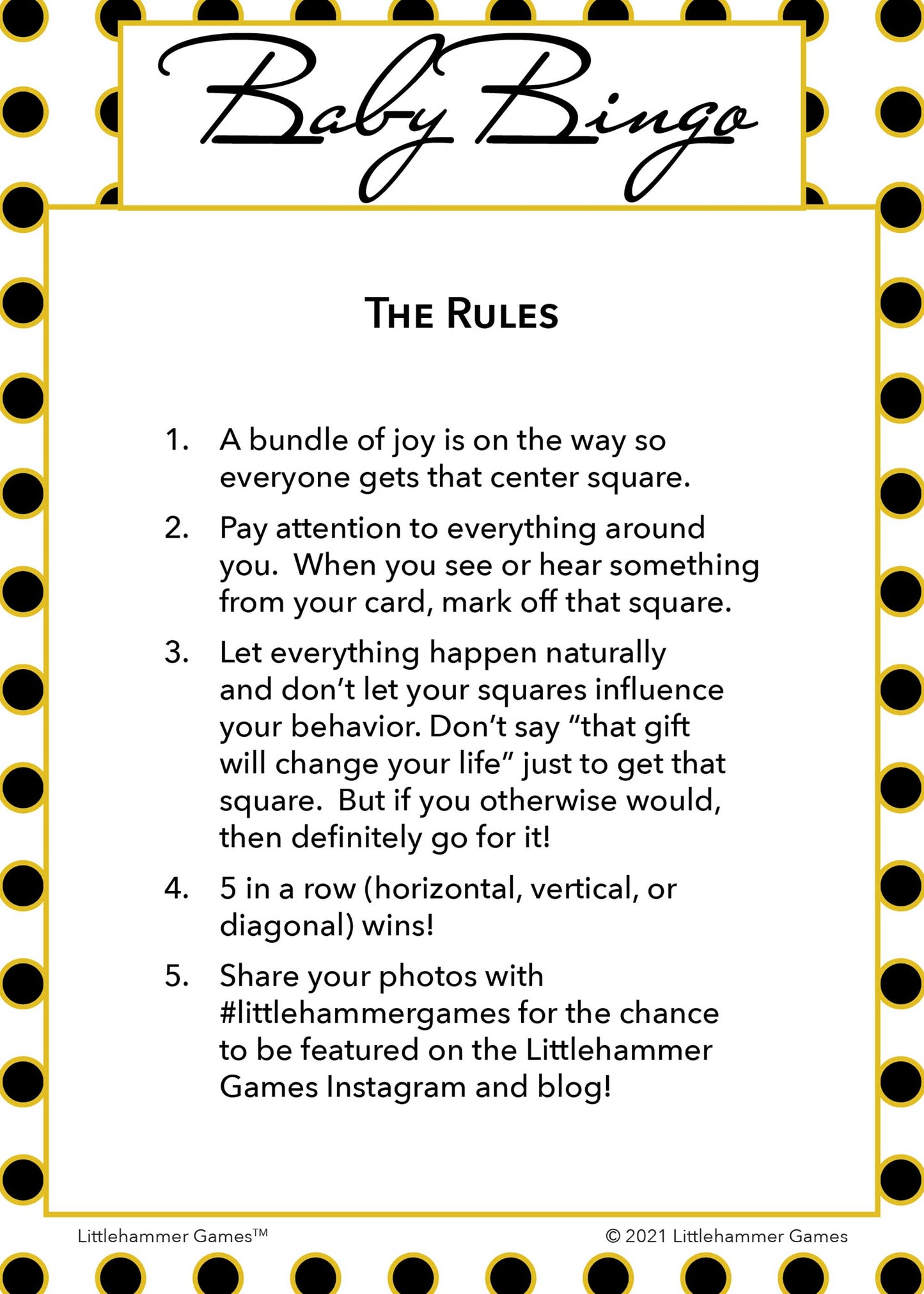 Baby Bingo rules card with a black and gold polka dot background