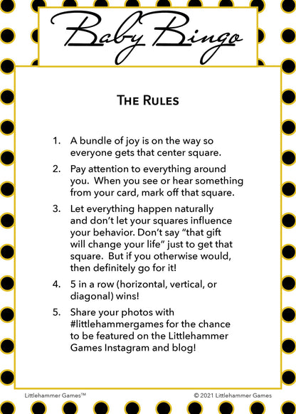 Baby Bingo rules card with a black and gold polka dot background