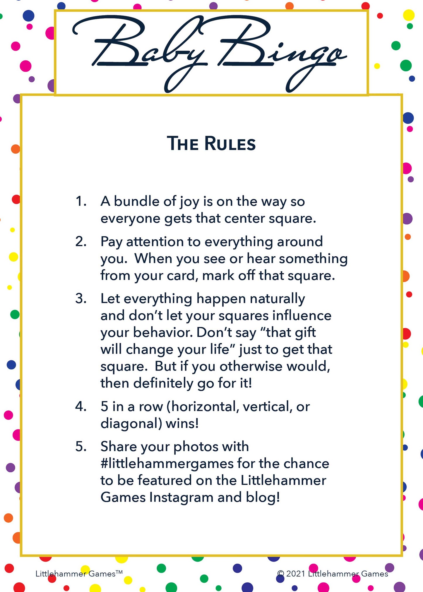 Baby Bingo rules card with a rainbow polka dot background