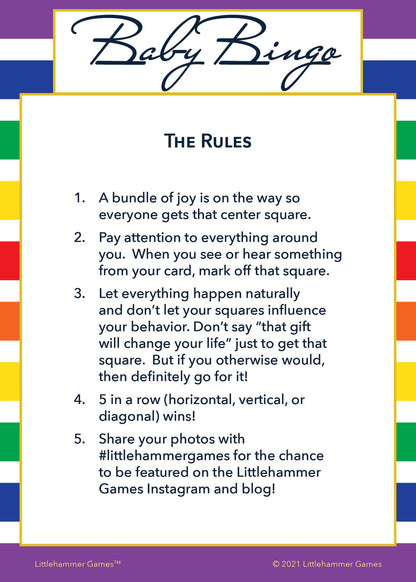 Baby Bingo rules card with a rainbow-striped background