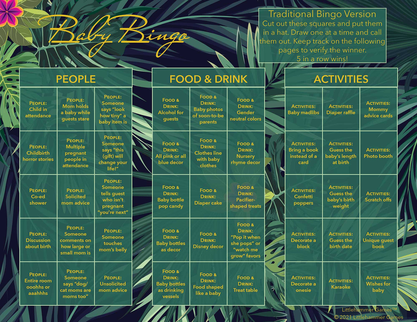 Baby Bingo calling card with gold text on a tropical leaves background