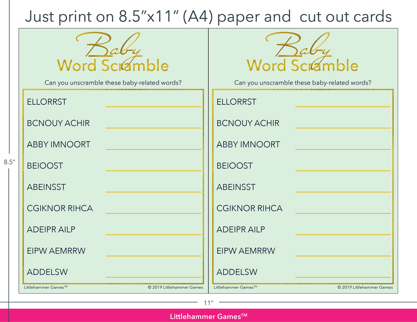 Baby Word Scramble mint and gold game cards with printing instructions