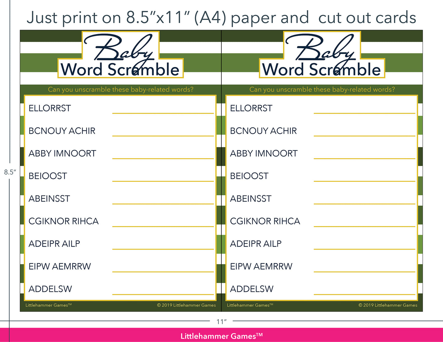 Baby Word Scramble green striped game cards with printing instructions
