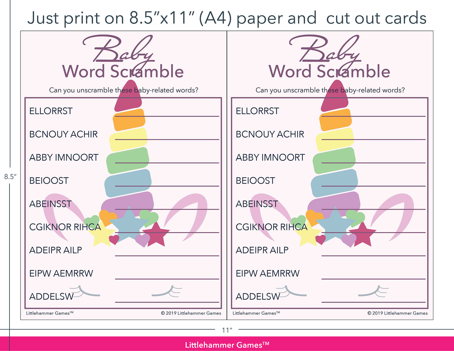 Baby Word Scramble unicorn game cards with printing instructions
