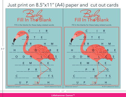 Baby Fill in the Blank flamingo game cards with printing instructions