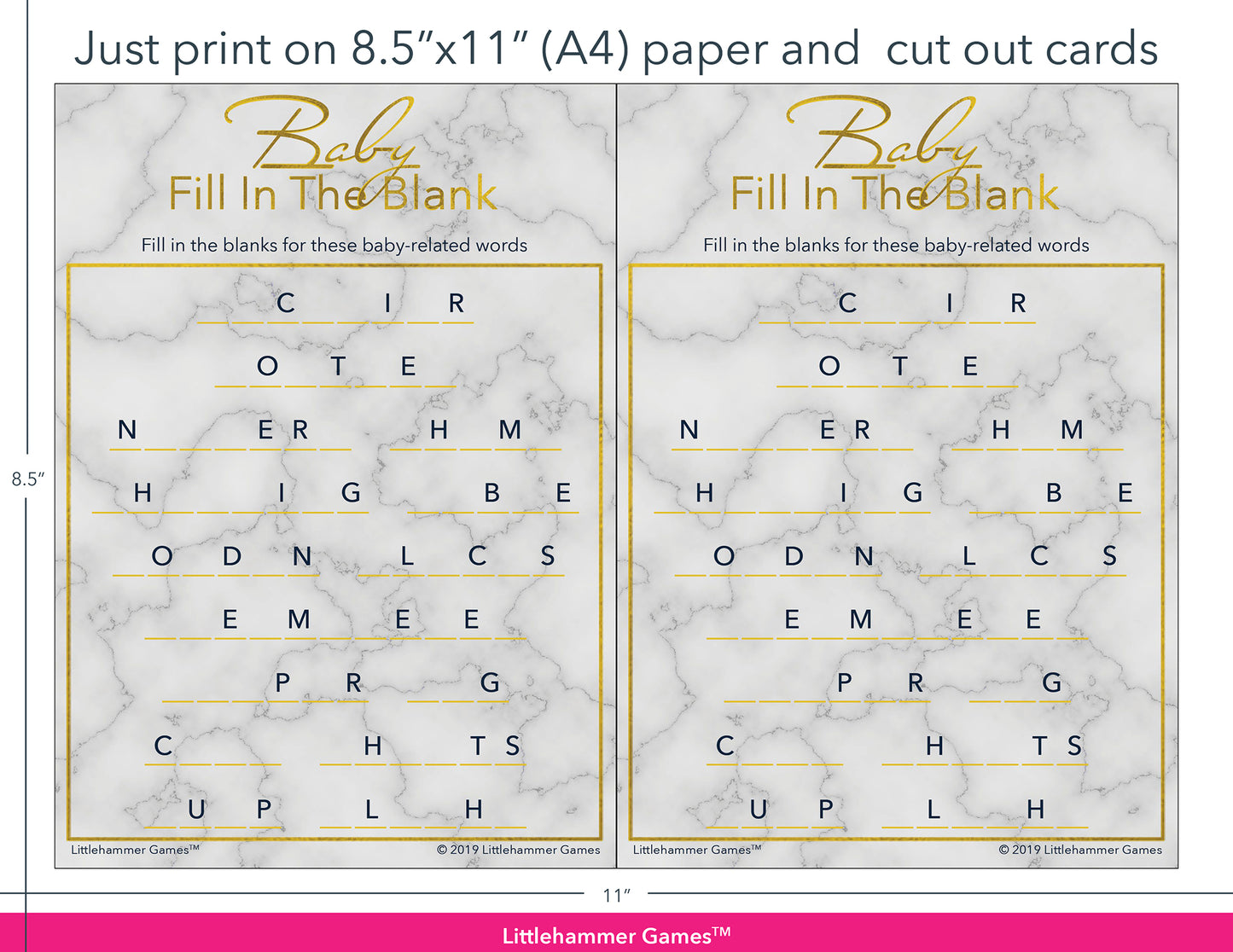 Baby Fill in the Blank gold marble game cards with printing instructions