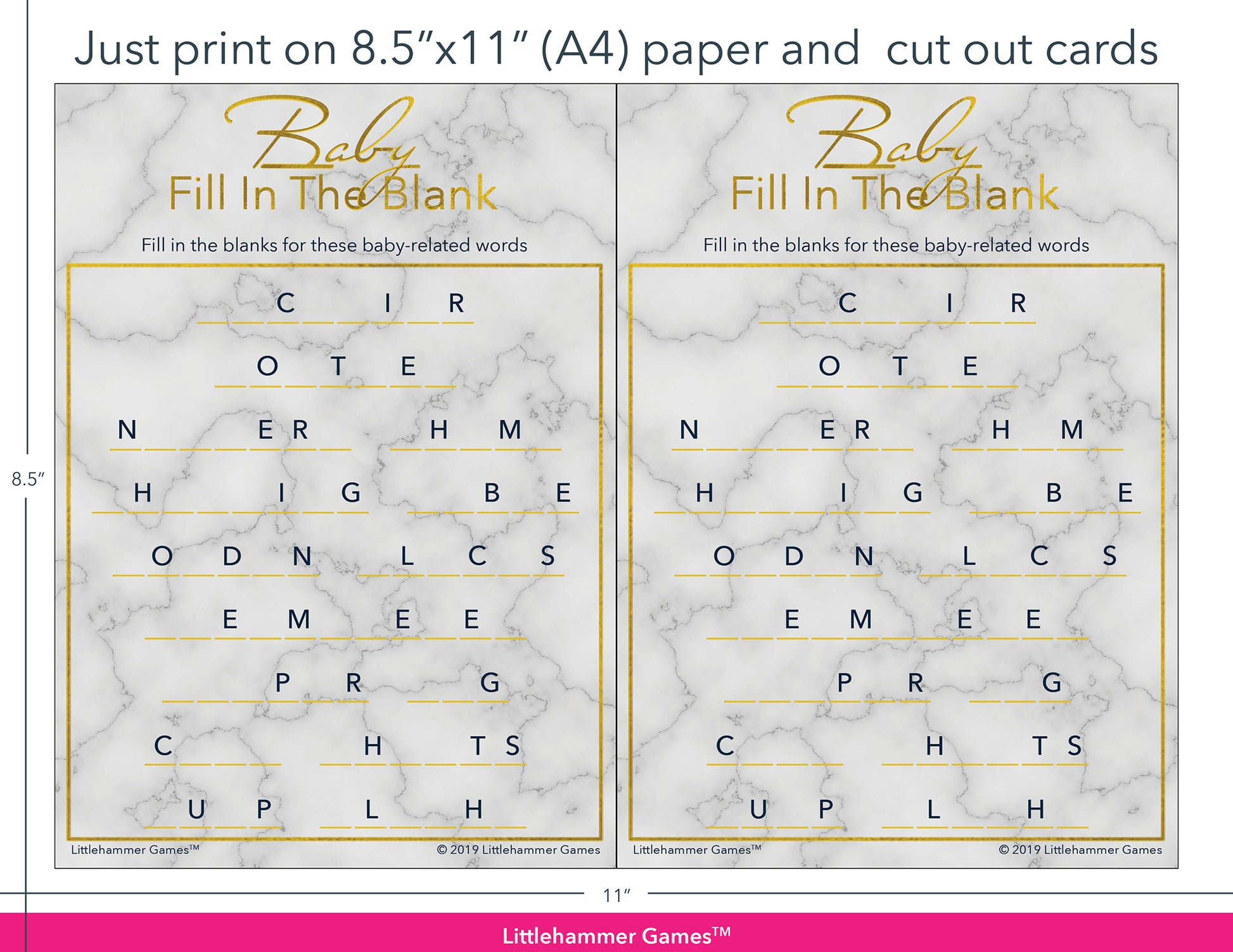 Baby Fill in the Blank gold marble game cards with printing instructions